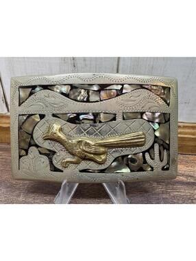 Vtg Alpaca Silver Tone Inlaid Abalone Belt Buckle Roadrunner Southwest Mexico